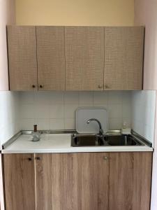 Una cocina con fregadero y armarios de madera. en Adriatic Escape, en Durrës