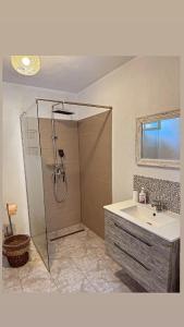 a bathroom with a shower and a sink at PGL in bucataria mamei- cazare la tara in Mălîncrav