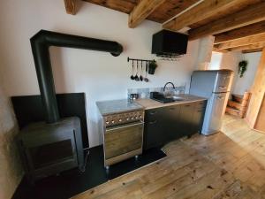 a kitchen with a stove and a refrigerator at Gîte à Chalencon in Saint-André-de-Chalençon