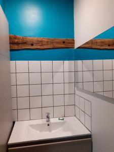 a bathroom with a sink and blue and white tiles at L'Alcôve, maison d'artistes in Sacquenay