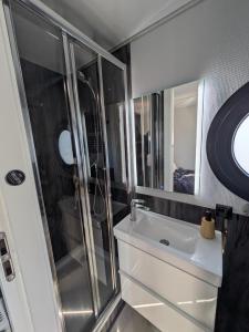 a bathroom with a shower and a sink and a mirror at Gezellige houseboat Eclipse Monnickendam nabij Amsterdam in Monnickendam