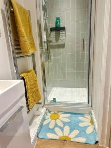 a bathroom with a shower with a blue and yellow rug at Five bedroom family house in St. Leonards