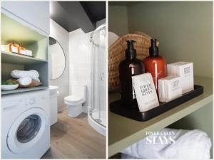 a bathroom with a washer and dryer and a bathroom with a toilet at Cosy Chic Apartment, 1 bedroom, parking, newly refurbed, near M25, Heathrow, Rickmansworth in Rickmansworth