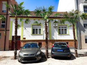 two cars parked in front of a house with palm trees at Kuriózum vendégház in Szeged
