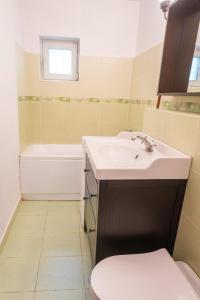 a bathroom with a sink and a toilet and a tub at Spacious apartment Near National Arena, parks in Bucharest