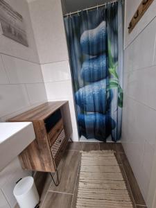 ein Bad mit Dusche und Duschvorhang in der Unterkunft Wohnung Goldblick in Teschendorf + 49 Fotos