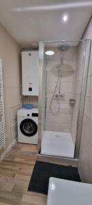 a bathroom with a shower and a washing machine at Appartement neuf et confortable dans le Haut Jura in Lac des Rouges Truites