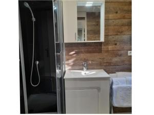 a bathroom with a sink and a shower at Tiny House Egmond in Egmond aan den Hoef