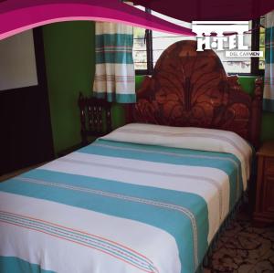 a bedroom with a bed with a wooden head board at Hotel Del carmen in Santa Catarina Juquila