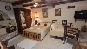 a bedroom with a bed and a couch and a tv at Rustic Garden & Jacuzzi Retreat in Vis +36 photos