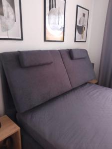 a couch in a bedroom with pictures on the wall at Apartament dla Dwojga - Apartament typu studio in Dziwnówek +10 photos