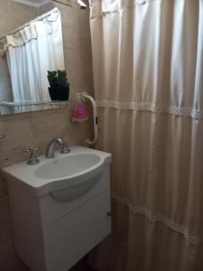 ein Badezimmer mit Waschbecken und Duschvorhang in der Unterkunft America in San Miguel de Tucumán