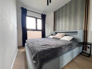sypialnia z dużym łóżkiem i oknem w obiekcie Apartament Pierwsza Dzielnica w mieście Katowice