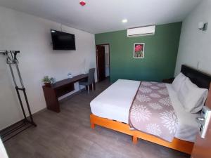 a bedroom with a bed and a desk and a television at Noas Hotel in Matamoros