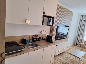 Il comprend une cuisine avec un évier et une télévision sur un comptoir. dans l'établissement Apartament Amber Studio Bel Mare Aqua Resort, à Międzyzdroje