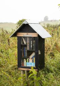 a book box filled with books in a field at St Aidan Beach Hut Alnmouth in Alnmouth +52 photos