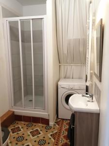 a small bathroom with a washing machine and a sink at Loré Appartement Climatisé avec terrasse in Ortaffa