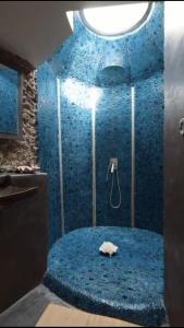 baño con ducha con pared azul en La petite crique, en Sausset-les-Pins