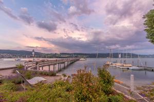 a dock with boats in the water with a cloudy sky at Fewo Sonnenblick in Gaienhofen