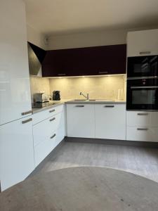a kitchen with white cabinets and black appliances at Appartement 3 pièces proche centre ville in Obernai