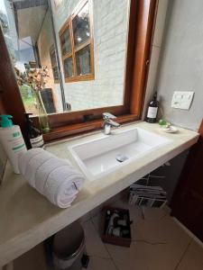 a bathroom counter with a sink and a window at CASA DE VIDRO Na Mantiqueira in Dias +24 photos