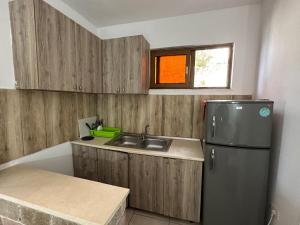 a kitchen with a refrigerator and a sink at Mario Rooms in Vlorë