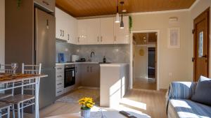 a kitchen and living room with white cabinets at Villa Melissa in Portianón
