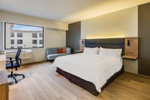 蒙特雷费斯塔蒙特雷拉费酒店的一间卧室配有一张大床、一张桌子和一把椅子