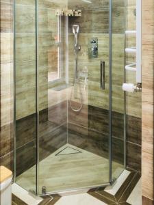 a shower with a glass door in a bathroom at Znowu wrócisz in Białogóra +56 photos