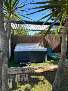 una bañera de hidromasaje en un patio trasero con una palmera en Maison avec jacuzzi - charme et sérénité pour 6 pers, en Jard-sur-Mer