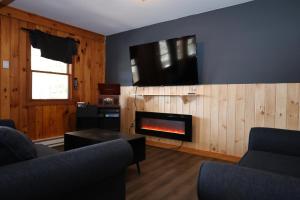 a living room with a fireplace and a tv at Private Hot tub new 2 Bedroom Home in Catskills in Elka Park