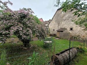 an old building with a fence and a tree with pink flowers at Grange rénovée dans cour privée avec jardin sur les remparts in Bergheim
