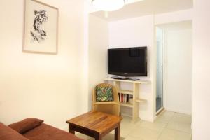 un salon avec un canapé et une télévision dans l'établissement Appartement T2 - RDC à 300M des thermes - La villa blanche, à Le Mont-Dore