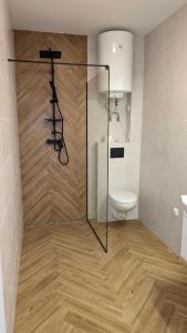 a bathroom with a toilet and a glass shower at Lavanda Apartamenty in Chłopy +34 photos