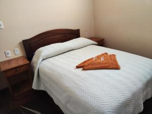 a bed with a brown robe on top of it at Hotel Benelux in La Paz