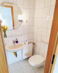 ゼープニッツにあるL4 - Urlaubsmagie - Kleine Wohnung am Wanderwegのトイレと洗面台付きのバスルーム