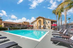 a swimming pool with chairs and palm trees at Best Western Plus Ontario Airport & Convention Center in Ontario