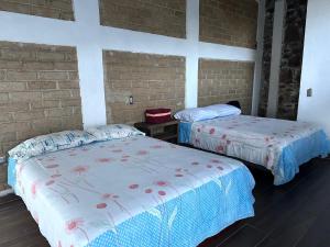 two beds sitting next to each other in a room at Cabaña de Vidrio en el Bosque in Pahuatlán del Valle