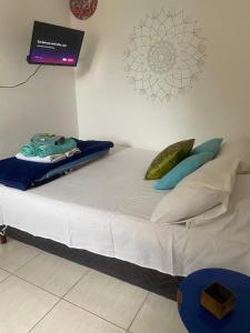 a bed with pillows on it in a room at Kitnet pôr do sol in São Thomé das Letras