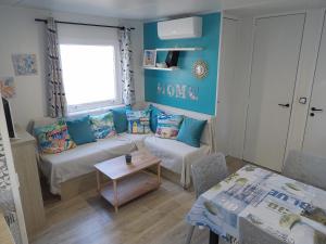 塞尼奥斯MOBIL HOME à SEIGNOSSE dans les Landes près de la mer的带沙发和桌子的客厅