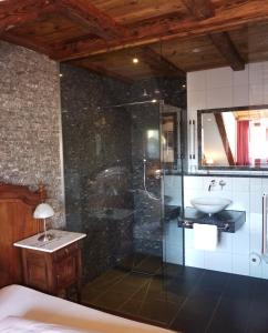 ein Bad mit einer Glasdusche und einem Waschbecken in der Unterkunft Historisches Genusshotel Löwen in Schopfheim