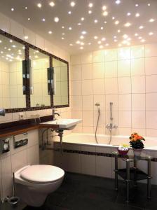 a bathroom with a toilet and a tub and a sink at Historisches Genusshotel Löwen in Schopfheim