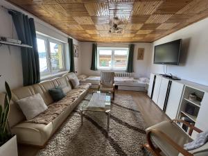 a living room with a couch and a tv at Halka Apartment 3 in Rabčice