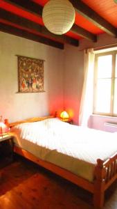 Un dormitorio con una cama grande y una ventana en B&B Les Paddocks, en Vollore-Montagne