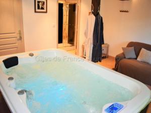 a bath tub filled with blue water in a living room at Gîte de charme avec Spa privatif en Touraine - proche châteaux, zoo, et balades pittoresques - FR-1-381-84 in Bridoré