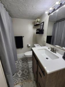 a bathroom with a sink and a toilet and a mirror at 2 Bedroom Apartment on Quinsigamond Lake in Shrewsbury +12 photos