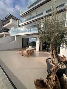 a house with a tree in the middle of a courtyard at Apartments-M4 in Neos Marmaras