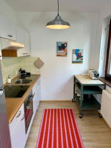a kitchen with a red and white rug on the floor at Zentrale Wohnung mit Parkplatz in Graz
