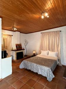 a bedroom with a bed and a wooden ceiling at Δωμάτια Εξοχή-With fireplace and view to the sea in Elíki