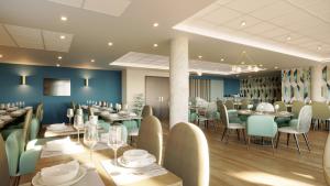 a rendering of a restaurant with tables and chairs at Domitys Le Côteau d'Argent in Saint-Doulchard